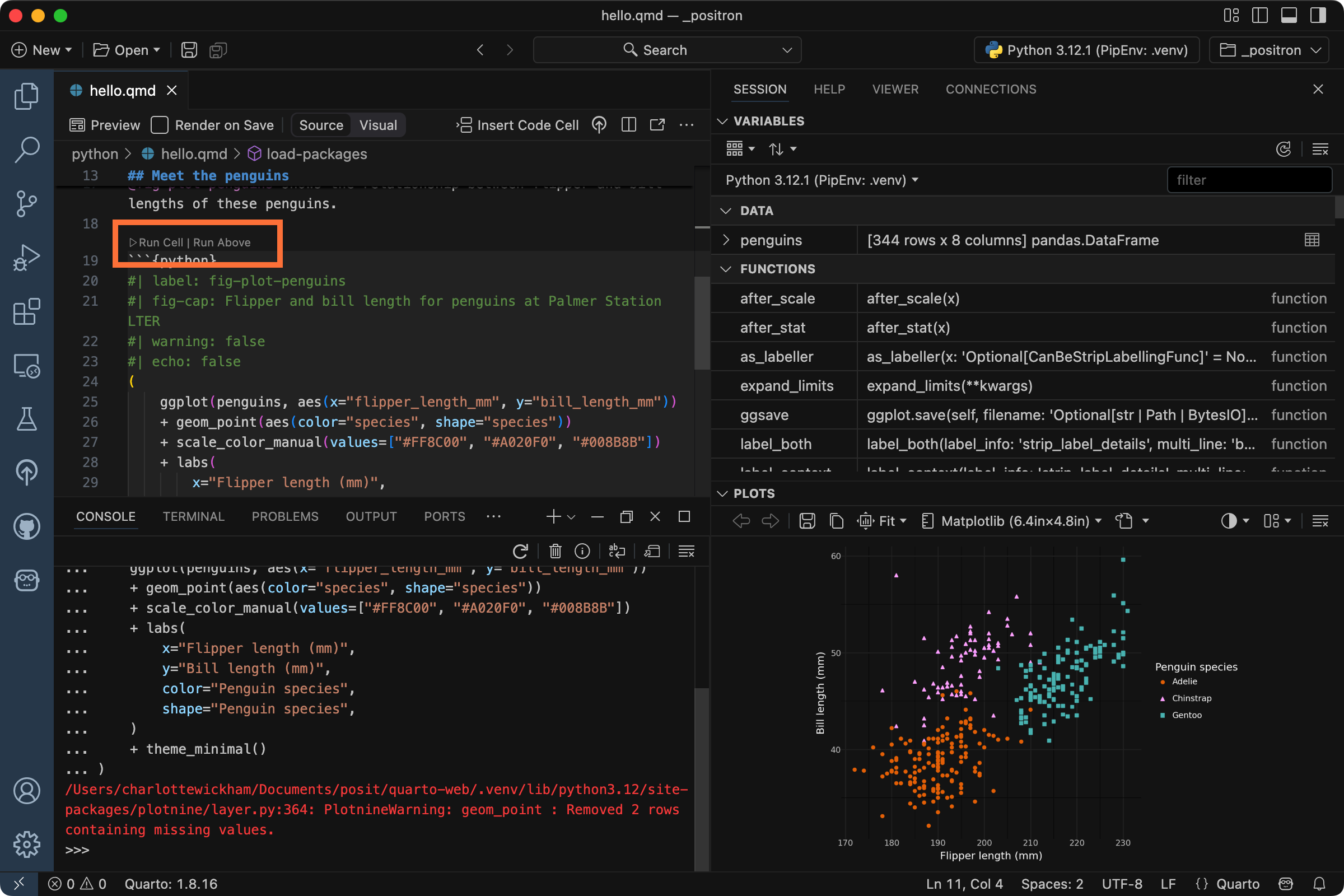 A Positron session with `hello.qmd` open in the Editor. An orange box highlights the button 'Run Cell' above a code cell with the label `plot-penguins`. The Console shows an executed line of code ending in `theme_minimal()` and the Plots pane shows a scatterplot of penguin flipper and bill length.